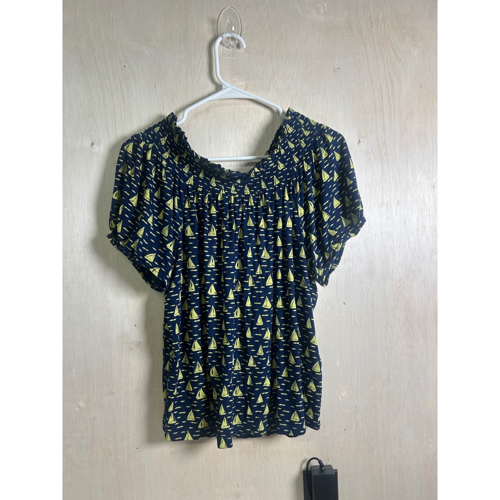 Porridge Blouse Women Medium Navy Yellow Excellent Sailboat Print Smocked Bow
